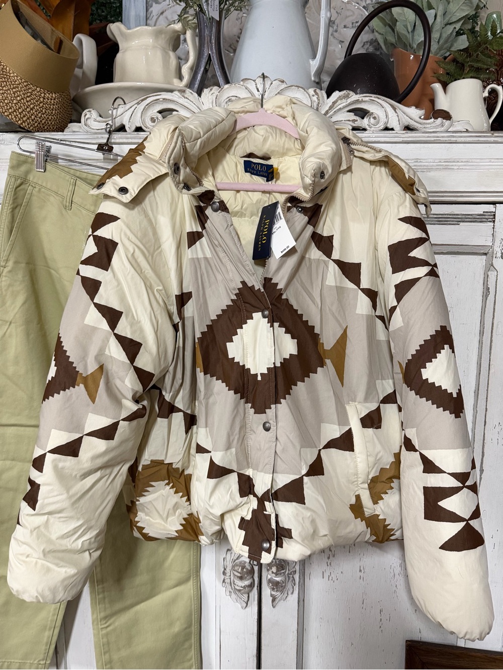 Ralph Lauren Cream, Brown & Tan Geometric Hooded Puffer Jacket